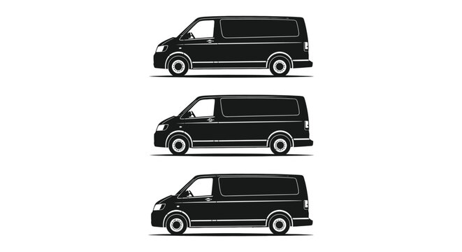 Collection of three black and white modern commercial panel van silhouettes viewed from the side