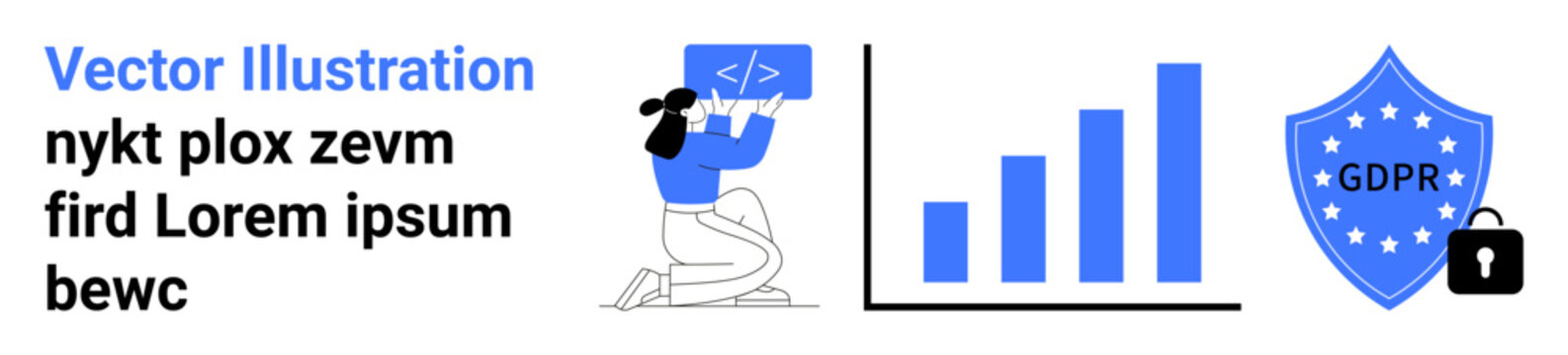 Digital security, GDPR compliance, online protection, data analytics, coding development, privacy management. Female coder with code icon, bar chart GDPR shield. GDPR compliance and digital security