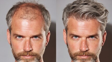 A middle-aged Caucasian man with a beard shows two different hairstyles. The left side has thinning hair, while the right side features a full head of gray hair.
