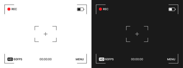 Retro camera video viewfinder 4:3 aspect ratio frame set. Isolated vintage digital video interface overlay. Dark and light mode recording frames border. Snapshot cctv movie. Vector illustration.
