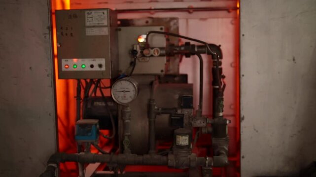 琉球ガラス工房の成形窯（テッポウ）脇にある機械装置