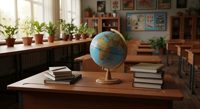 A welllit classroom with a globe and books on a wooden desk, isolated on white background is not applicable here, so a typical classroom scene with educational tools and plants