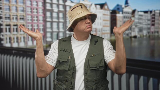 Man fisherman wearing a green fishing vest and bucket hat, palms up shrug on a canal bridge with row houses; bemusement.