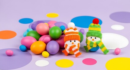 Obraz premium Colorful Snowmen Toys Surrounded by Vibrant Easter Eggs on Polka Dot Background