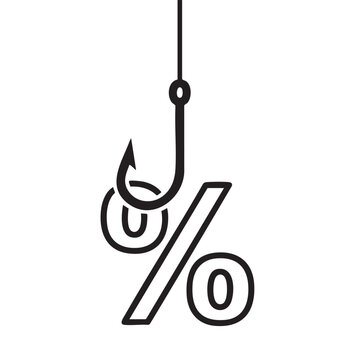 An illustration of a fishing hook catching a percent symbol by a line in a graphic design.