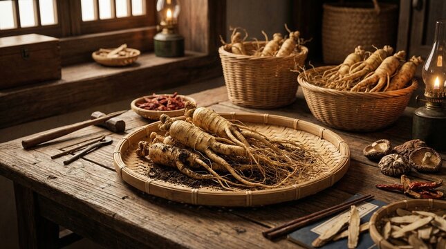 Fresh ginseng roots displayed on a wooden table with dried herbs and traditional tools, suggesting natural medicine preparation