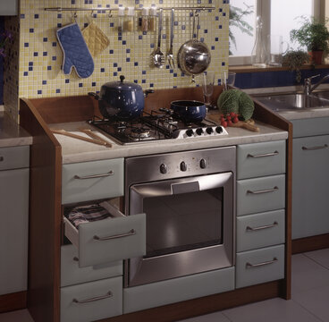 Close up of a kitchen cabinet with a steel hob