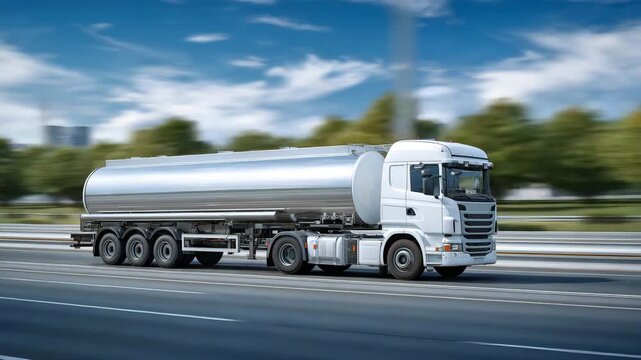 354Side-angle cinematic composition of chemical tanker truck on highway, polished reflective tank, safety decals clearly visible, motion implied by blurred road, bright natural lighti