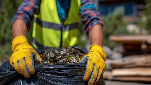 356Volunteer&rsquo;s hands wearing protective gloves gripping a full trash bag, garbage visibly packed inside, close-up on hands and bag, natural lighting highlighting textures, outdoor cle
