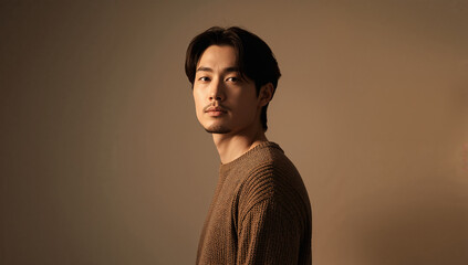 Obraz premium 温かい光のスタジオ背景で落ち着いた表情を見せる日本人男性のポートレート