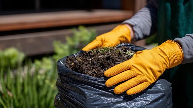 358Volunteer&rsquo;s hands wearing protective gloves gripping a full trash bag, garbage visibly packed inside, close-up on hands and bag, natural lighting highlighting textures, outdoor cle