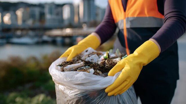 363Hands in colorful protective gloves holding an overfilled trash bag, soft sunlight highlighting textures of garbage inside, close-up focus on gloves and bag, urban cleanup scene
