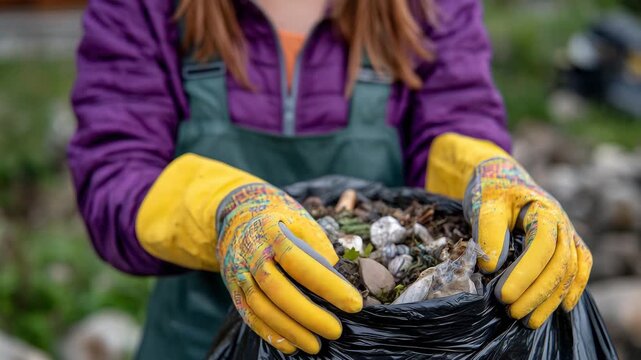 364Hands in colorful protective gloves holding an overfilled trash bag, soft sunlight highlighting textures of garbage inside, close-up focus on gloves and bag, urban cleanup scene