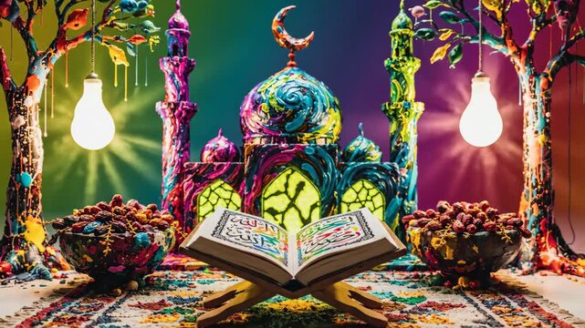 Ramadan Kareem festive mosque Quran dates and lights decoration.