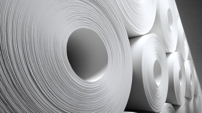 Close up of large paper rolls in industrial setting, showcasing texture, material and manufacturing process in warehouse environment.