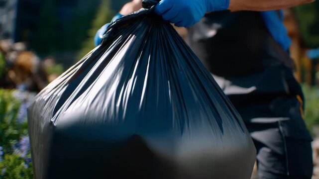 365Side-angle close-up of gloved hands gripping a filled trash bag, realistic folds and pressure from garbage inside, bright natural lighting, community volunteer cleanup action empha