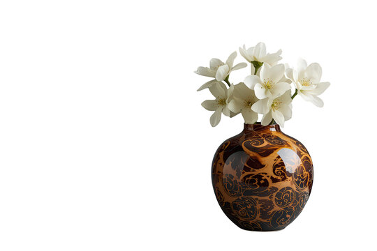 White flowers in decorative brown ceramic vase, creating a simple floral arrangement for home decor