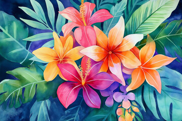 Obraz premium Vibrant tropical watercolor illustration with hibiscus and plumeria flowers surrounded by lush green leaves on a deep blue background