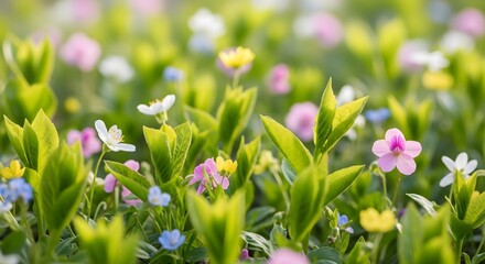 Fototapeta premium Wildflower meadow in soft sunlight, macro shot of delicate blooms and green stems, spring nature backdrop