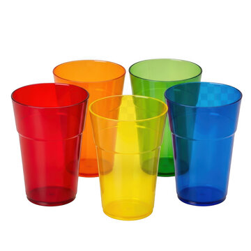 A set of colorful plastic cups arranged in a row on a white background