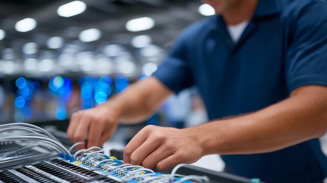 A technical support specialist providing on-site assistance, close-up of hands organizing network cables and patch panels, illuminated server racks in the background, precise techn