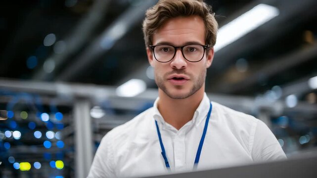 A technical support specialist providing on-site assistance, inspecting structured cabling with focused attention, LED lights reflecting off polished server racks, collaborative IT