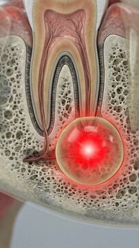 3D Animation of a Dental Abscess or Cyst at the Tooth Root Causing Inflammation and Pain in the Jawbone