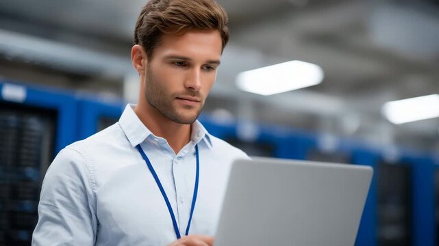 A technical support specialist providing on-site assistance, multitasking between checking server ports and logging data on a laptop, organized server room, clear focus on IT speci