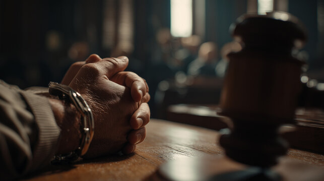 Close up of handcuffed hands on wooden table beside judge gavel, concept of crime, arrest, justice system, law enforcement and legal punishment