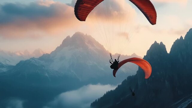 selective focus person paragliding over scenic mountains