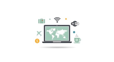 Fototapeta premium Global digital connectivity and remote work illustrated with laptop, wifi, and travel icons