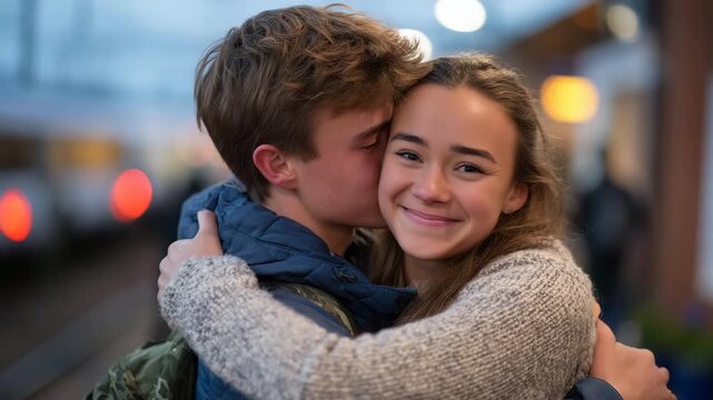 All the feels captured in a surprise reunion at a train platform, frozen moment before embrace, raw emotion and anticipation thick in the air