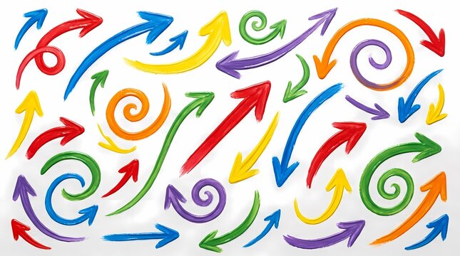 colorful arrows and spirals hand painted on white background showing dynamic movement