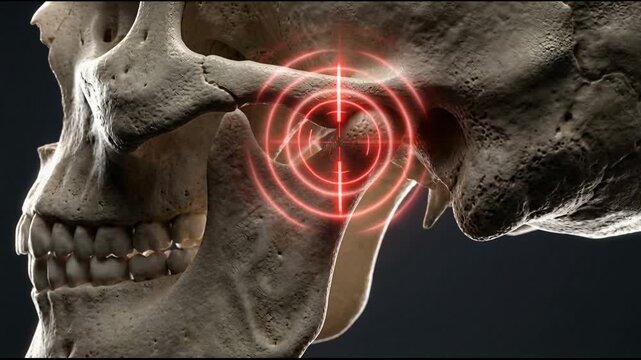 3D Animation of Human Skull with Temporomandibular Joint Pain Indication for Dental and Medical Health Concepts