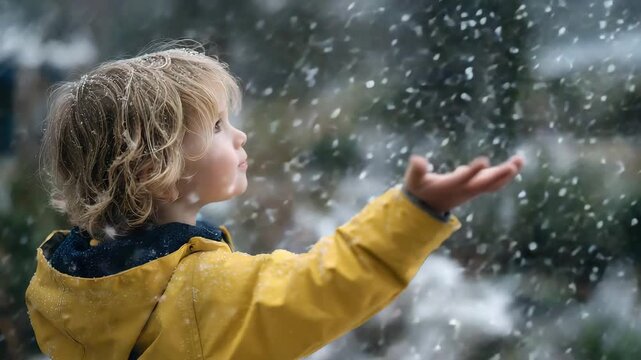 All the feels in a childlike moment of wonder, person reaching toward falling snow or rain