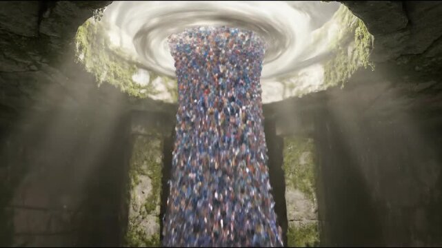 A million tiny crystals released into the sky concept. Colorful sparkling gemstones flowing through ancient stone cave with natural light rays
