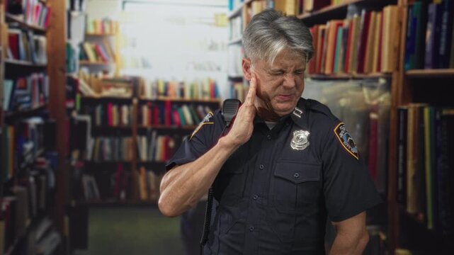 Police man presses hand to ear beside crowded bookshelves in library building, radio on shoulder and badge visible; pain.