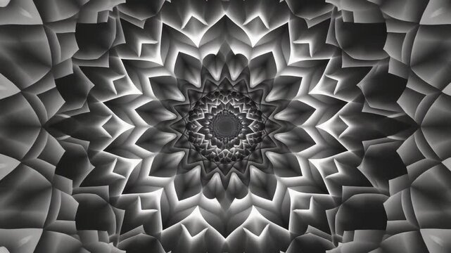 Dynamic grayscale fractal pattern expands from a central point, revealing intricate geometric layers and a sense of infinite depth.