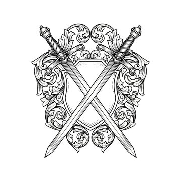 Heraldic Shield with Crossed Swords and Ornate Filigree Embellishments