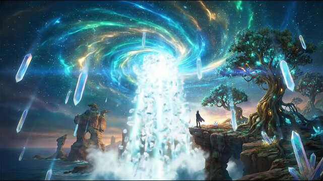 A million tiny crystals released into the sky concept. Magical fantasy landscape with glowing crystals swirling into a luminous vortex over ocean cliffs with enchanted trees