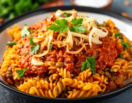 Kushari &ndash; Egyptian Mixture of Rice, Pasta, Lentils, Tomato Sauce, and Crispy Fried Onions