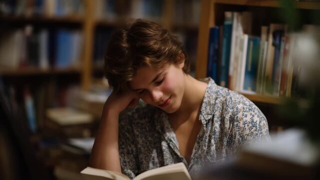 All the feels in a quiet library corner, person lost in a book, emotional escape and focus