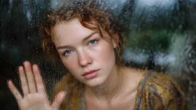 All the feels in a rainy window portrait, person tracing lines on fogged glass, quiet sadness and reflection