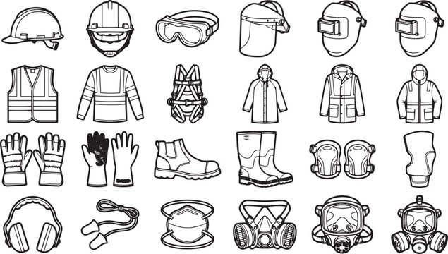 Collection of essential safety equipment, featuring hard hats, safety glasses, face shields, protective clothing, work gloves, safety boots, and respirators, all in a clean.