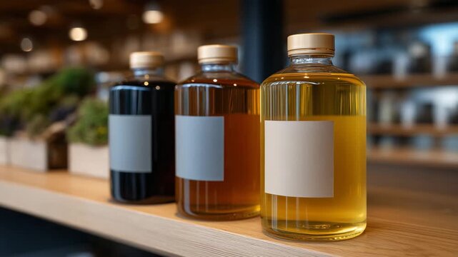 Artisanal kombucha bottles on wooden shelf display, minimalist craft beverage shop interior, traditional fermented tea in clear glass bottles with handcrafted labels, clean and bal