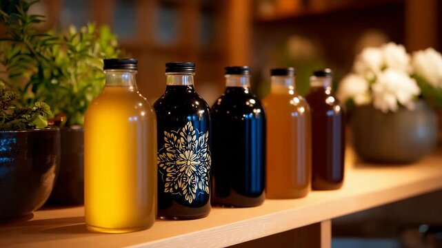 Artisanal kombucha bottles on wooden shelf display, warm ambient lighting and shallow depth of field, focus on decorative glass bottles and natural fermentation tones