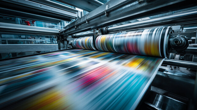 High speed industrial printing press in operation producing large volume prints with precision rollers, ink flow and automated machinery in modern factory