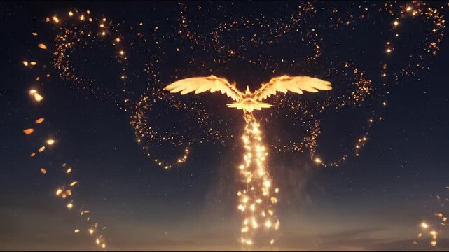A million tiny crystals released into the sky concept. Majestic fiery phoenix rising with glowing sparks and wings spread in a starry night sky