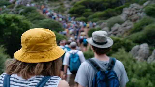 Connectioneering during a group hike, people walking together along a mountain trail, natural environment reinforcing shared journey and mutual support