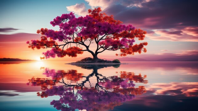 A single tree with pink and orange blossoms stands alone on a small island in the middle of a calm lake at sunset, its reflection mirroring the beauty of the sky and water